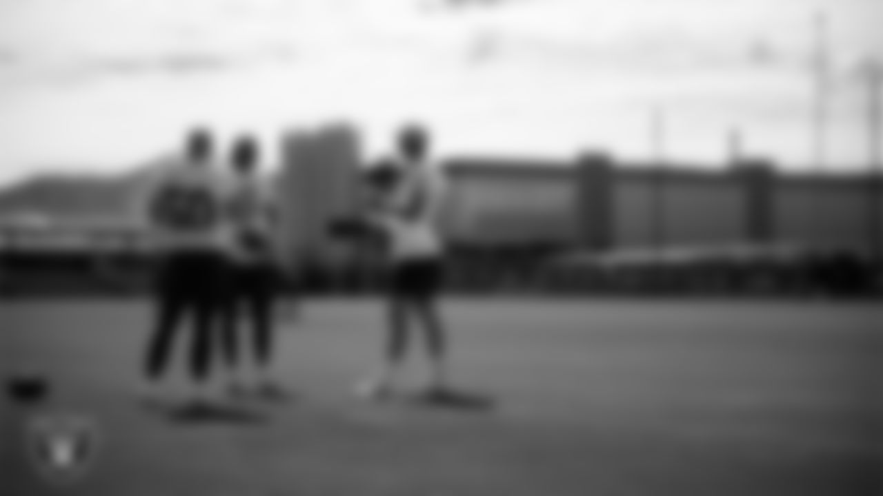 Las Vegas Raiders long snapper Jacob Bobenmoyer (50), punter AJ Cole (6) and kicker Daniel Carlson (8) at a workout during phase two of the offseason program at Intermountain Health Performance Center.