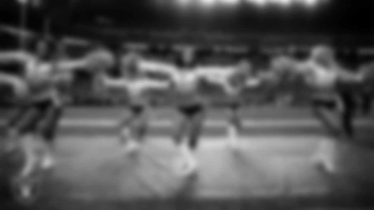 Line 1 of the Raiderettes performs on the sidelines during the regular season home game against the Denver Broncos at Allegiant Stadium.