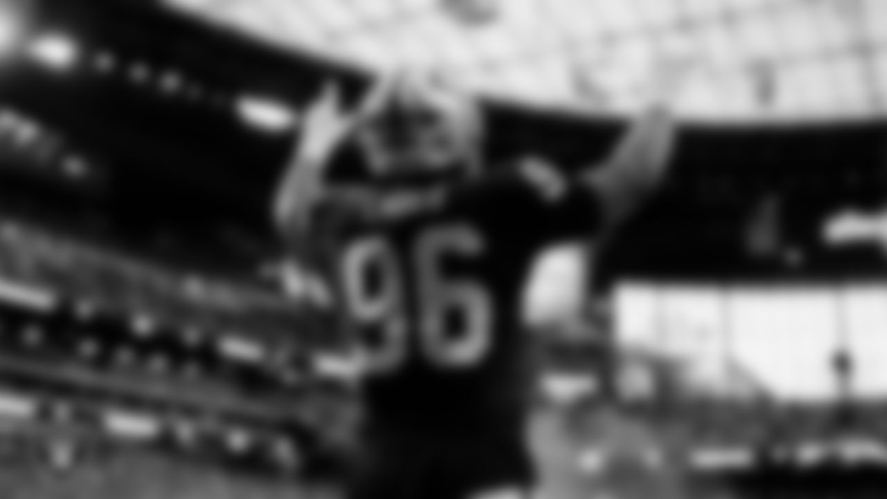 Las Vegas Raiders defensive tackle Jonah Laulu (96) is introduced onto the field before the regular season home game against the Kansas City Chiefs at Allegiant Stadium.