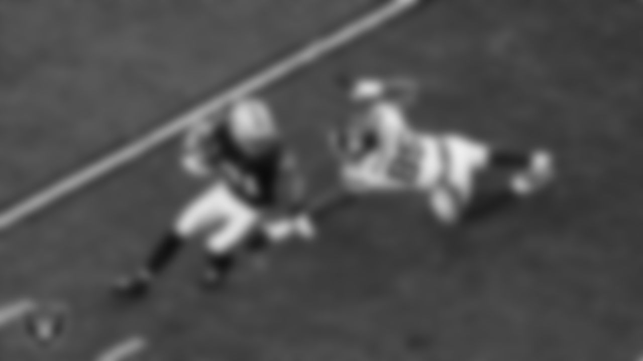 Las Vegas Raiders wide receiver Alex Bachman (81) returns a punt during the regular season home game against the New York Giants at Allegiant Stadium.