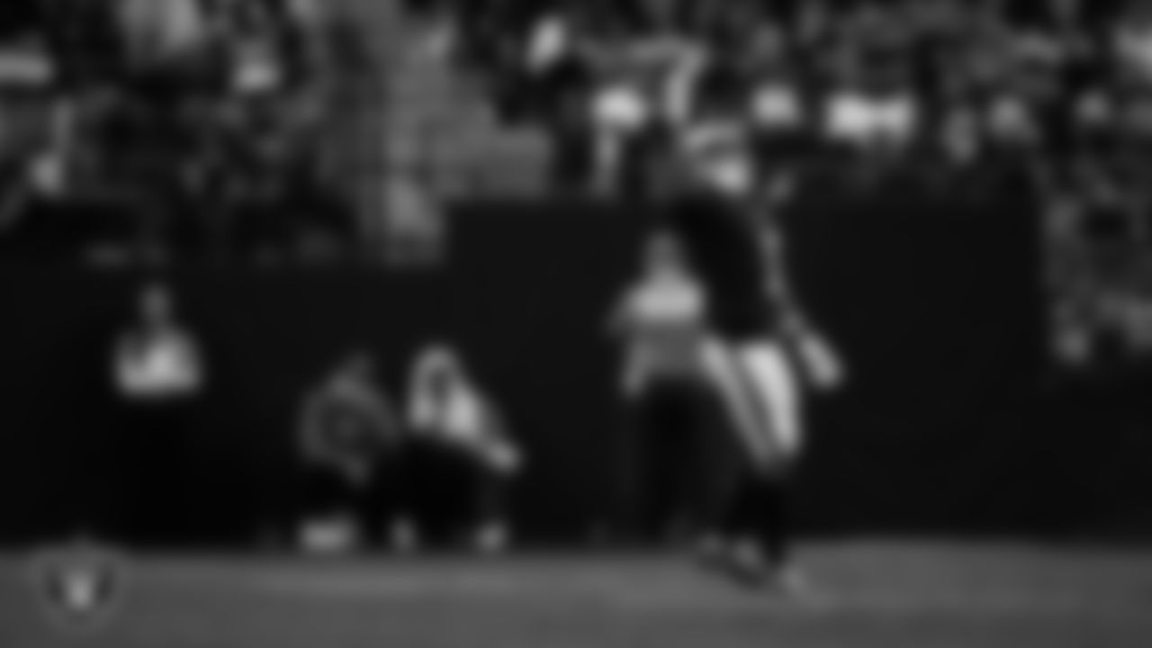 Las Vegas Raiders wide receiver Tre Tucker (1) goes for a catch during the regular season home game against the New York Giants at Allegiant Stadium.