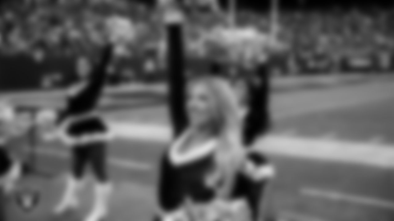 Raiderette Jordie on the sidelines during the regular season home game against the New York Giants at Allegiant Stadium.