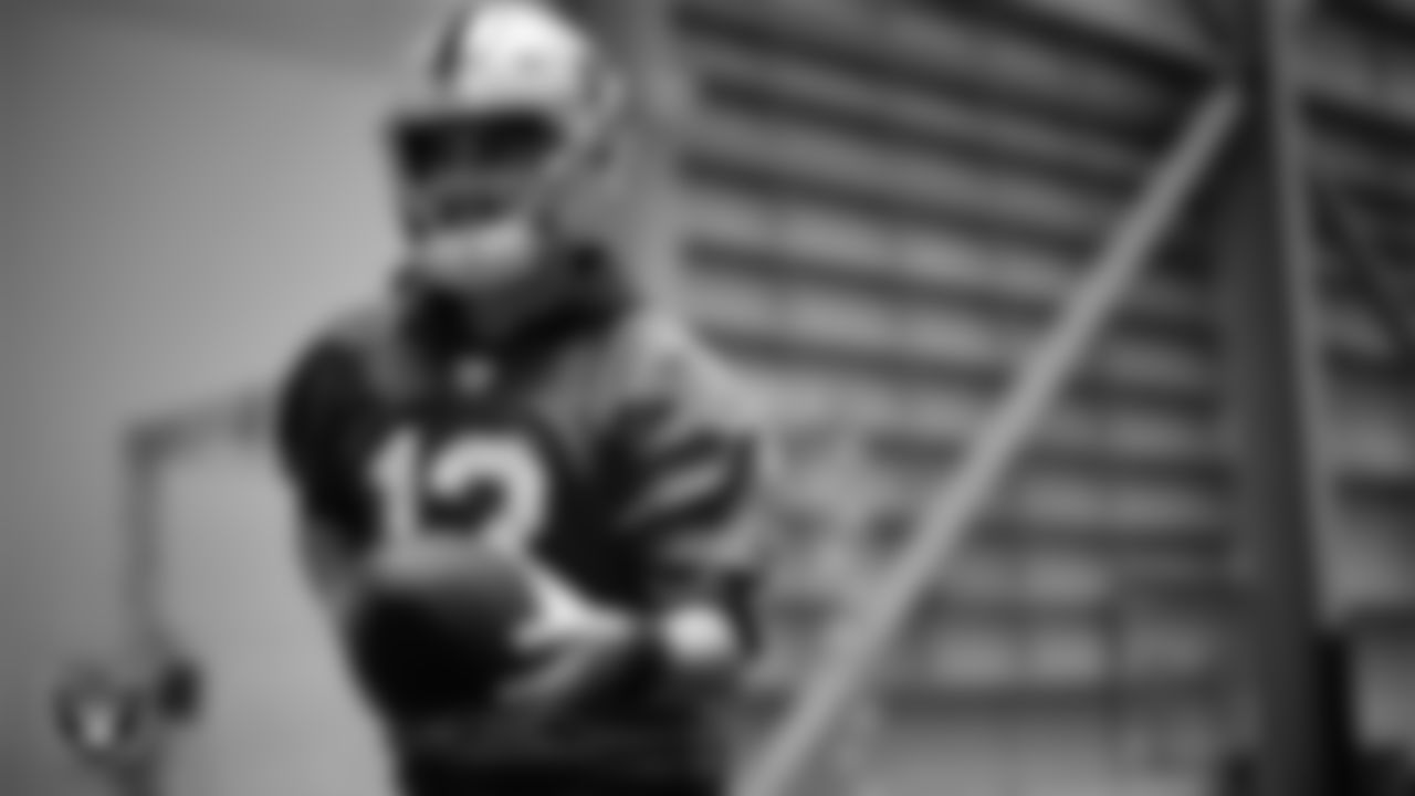 Las Vegas Raiders quarterback Aidan O'Connell (12) during practice at Intermountain Health Performance Center.