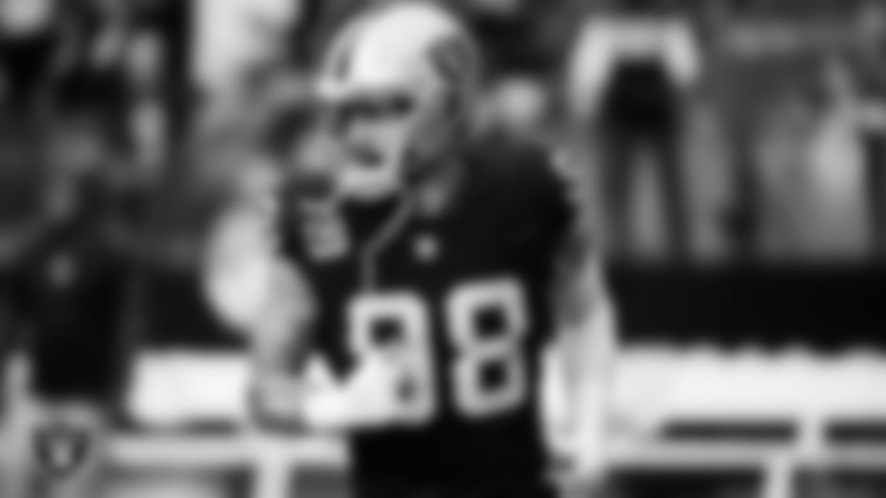 Las Vegas Raiders defensive end Maxx Crosby (98) as the team is introduced onto the field before the regular season home game against the Cleveland Browns at Allegiant Stadium.