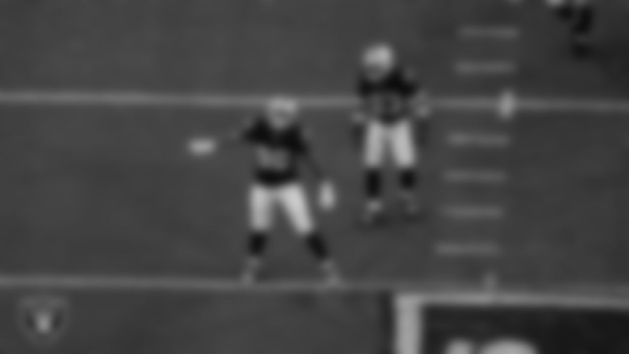 Las Vegas Raiders defensive tackle Jonah Laulu (96) celebrates after sacking the quarterback during the regular season home game against the Los Angeles Chargers at Allegiant Stadium.