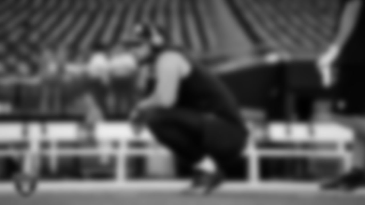 Las Vegas Raiders safety Phalen Sanford (42) warming up before the preseason home game against the San Francisco 49ers at Allegiant Stadium.