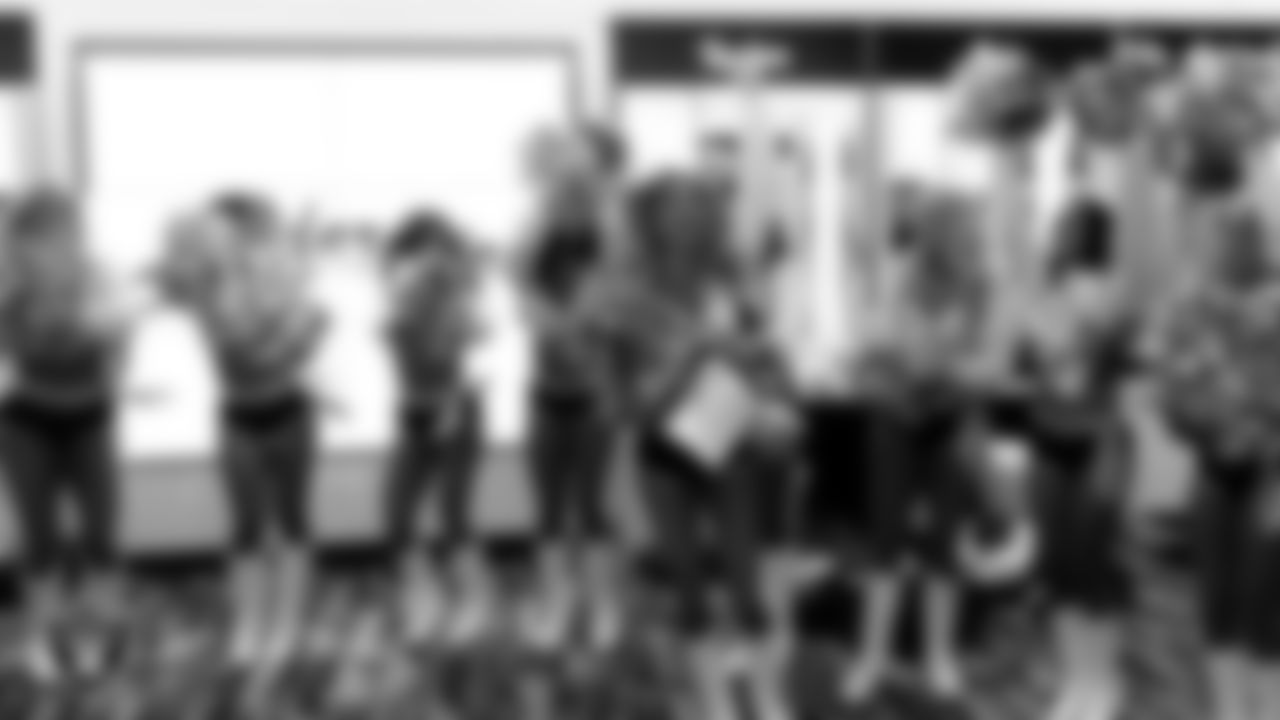 Raiderette Hayley is named Raiderette of the Game in the locker room before the regular season home game against the Tennessee Titans at Allegiant Stadium.