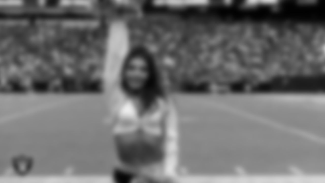 Raiderette Maddie on the sidelines during the preseason home game against the San Francisco 49ers at Allegiant Stadium.