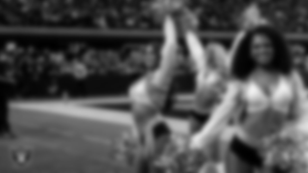 Raiderette Raegen on the sidelines during the regular season home game against the Dallas Cowboys at Allegiant Stadium.