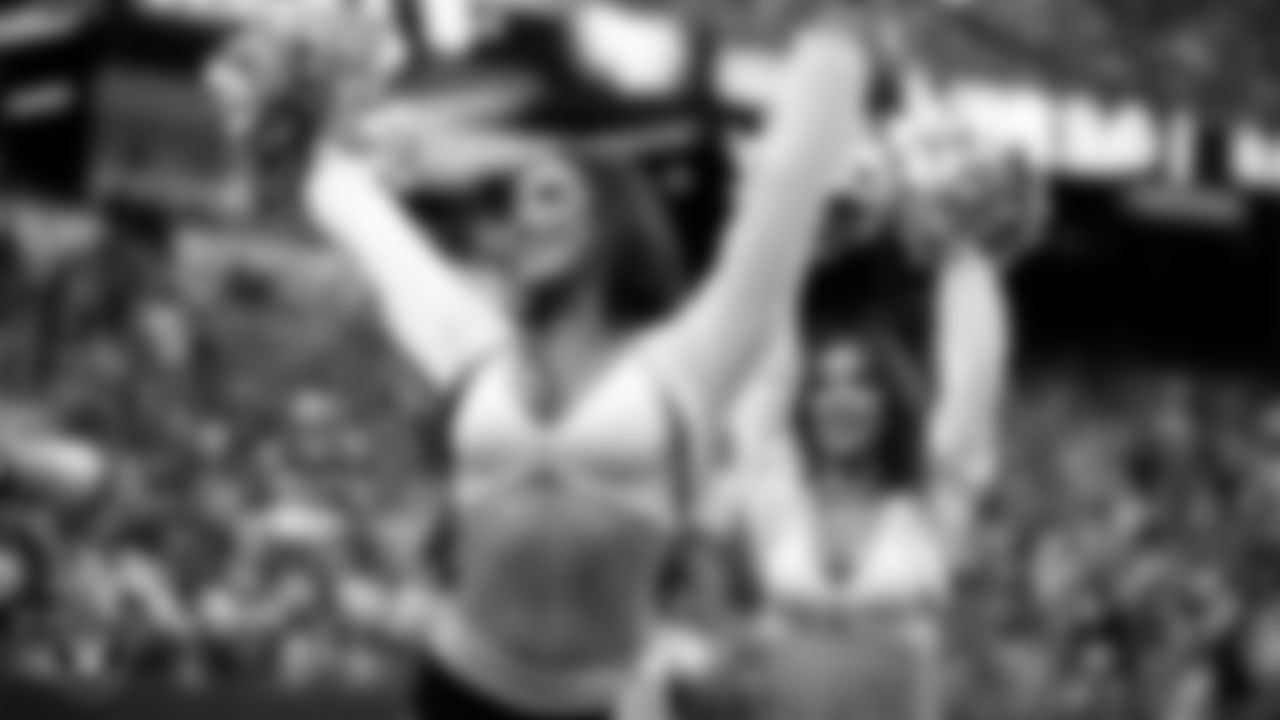 Raiderette Cheyanne on the sidelines during the preseason home game against the San Francisco 49ers at Allegiant Stadium.