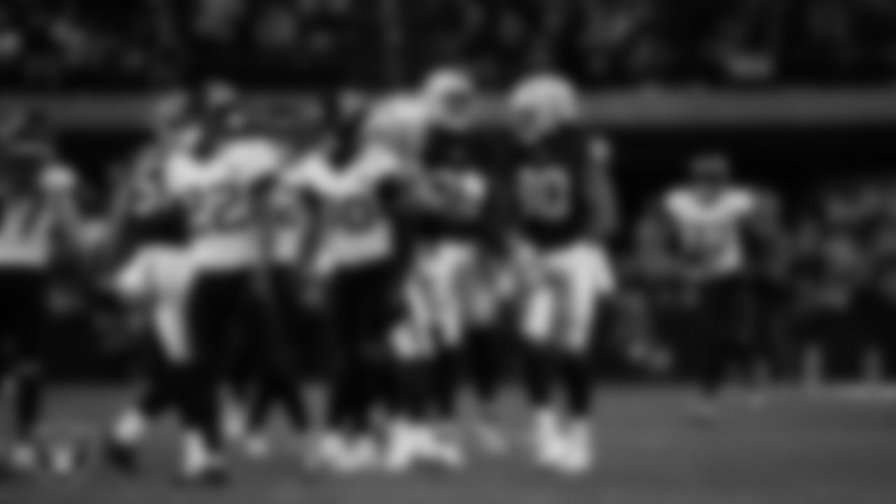 Las Vegas Raiders running back Raheem Mostert (31) celebrates after returning a kickoff during the regular season home game against the Jacksonville Jaguars at Allegiant Stadium.
