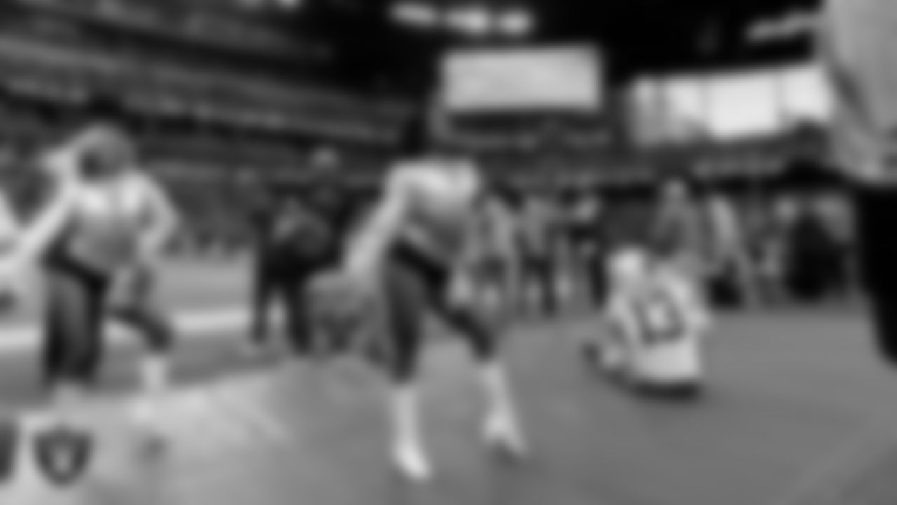 Raiderette Annalise performs on the sidelines during the regular season home game against the Cleveland Browns at Allegiant Stadium.