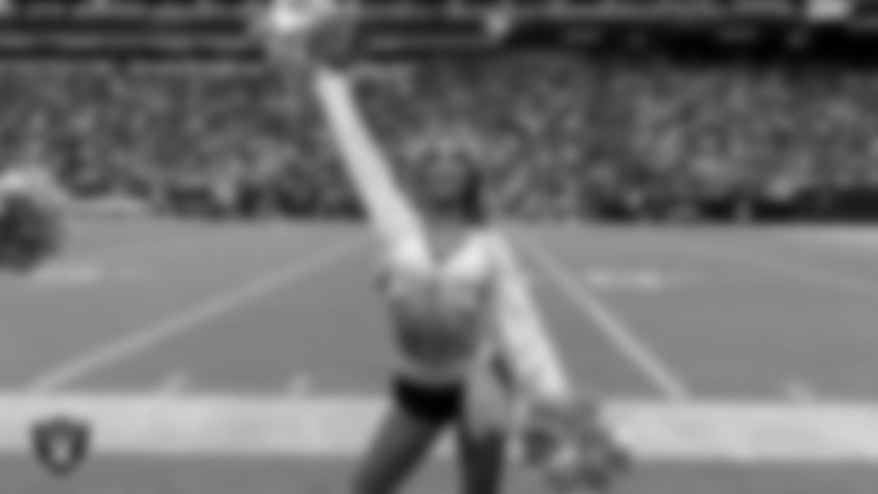 Raiderette Hayley on the sidelines during the preseason home game against the San Francisco 49ers at Allegiant Stadium.