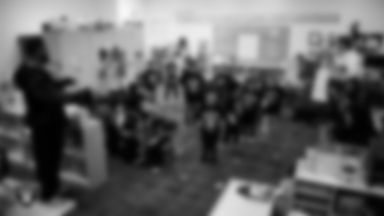 Las Vegas Raiders coordinator of football development Chris Shelby visits students at Richard H. Bryan Elementary School to congratulate them on winning the Lil' Raiders School Challenge.