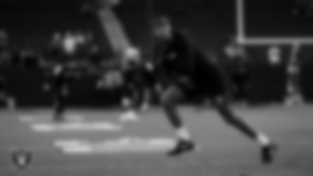 Las Vegas Raiders cornerback Eric Stokes (22) warming up before the regular season home game against the Dallas Cowboys at Allegiant Stadium.