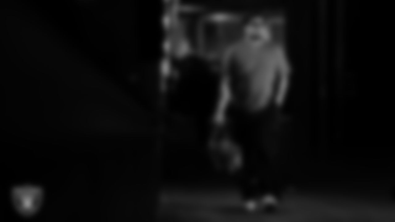 Las Vegas Raiders guard Caleb Rogers (76) arrives to the regular season home game against the Kansas City Chiefs at Allegiant Stadium.