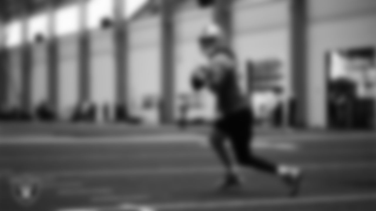 Las Vegas Raiders quarterback Aidan O'Connell (12) during practice at Intermountain Health Performance Center.