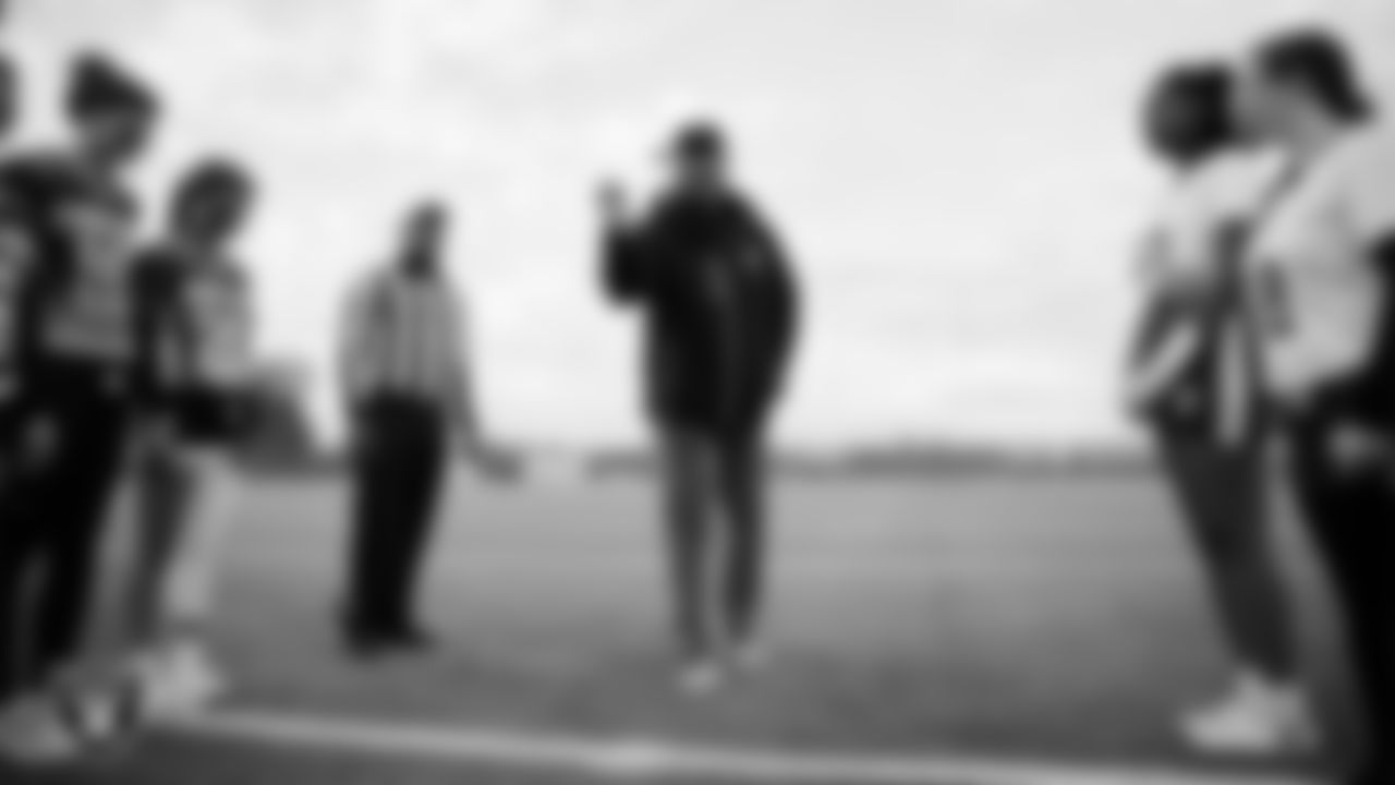 Las Vegas Raiders alumnus Chris McLemore during the coin toss before the Raiders' High School Flag Football Showcase game between Sierra Vista High School and Pahrump Valley High School at Sierra Vista High School.