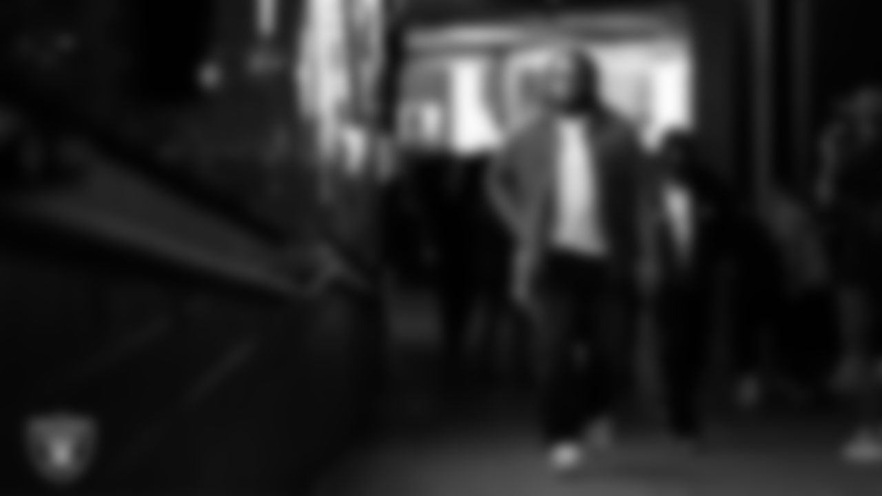 Las Vegas Raiders guard Dylan Parham (66) arrives to the regular season home game against the Los Angeles Chargers at Allegiant Stadium.