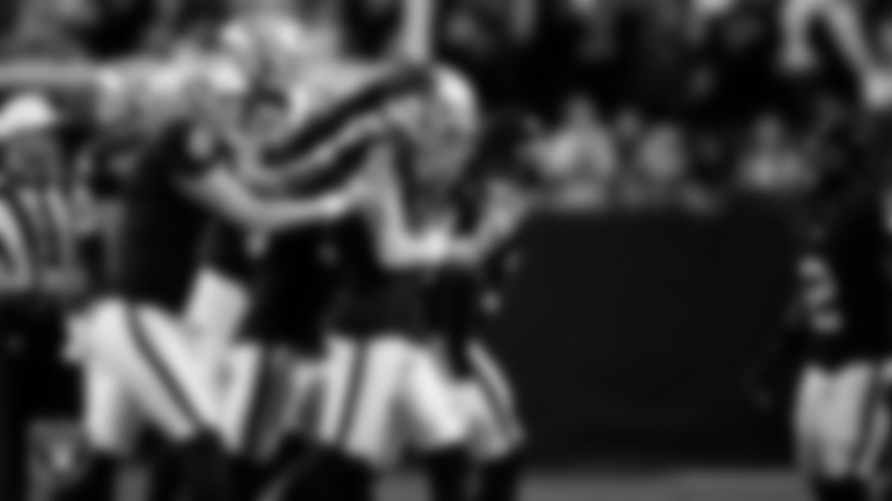 Las Vegas Raiders kicker Daniel Carlson (8) celebrates with teammates after kicking a 60-yard field goal during the regular season home game against the Kansas City Chiefs at Allegiant Stadium.