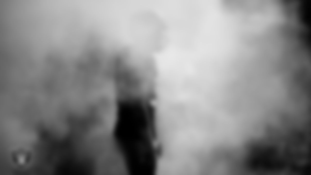 Las Vegas Raiders defensive end Maxx Crosby (98) as the team is introduced onto the field before the regular season home game against the Dallas Cowboys at Allegiant Stadium.