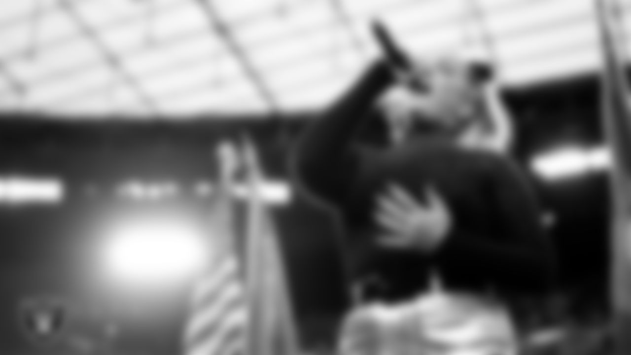 Singer and songwriter Joelle James performs the national anthem before the Las Vegas Raiders' regular season home game against the New York Giants at Allegiant Stadium.