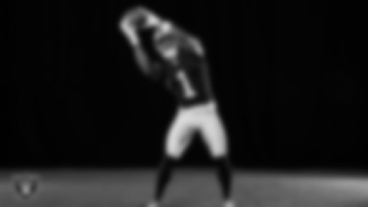 Las Vegas Raiders wide receiver Tre Tucker (1) poses for a photo at the 2025 Raiders Media Day.