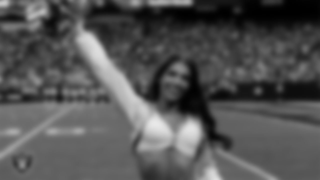 Raiderette Ashtin on the sidelines during the regular season home game against the Denver Broncos at Allegiant Stadium.