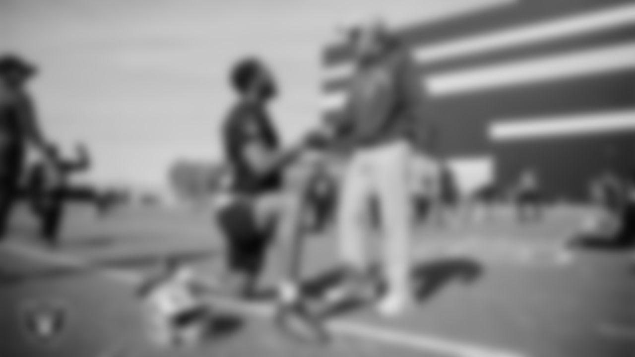 Las Vegas Raiders defensive end Charles Snowden (49) and Head Coach Pete Carroll during practice at Intermountain Health Performance Center.