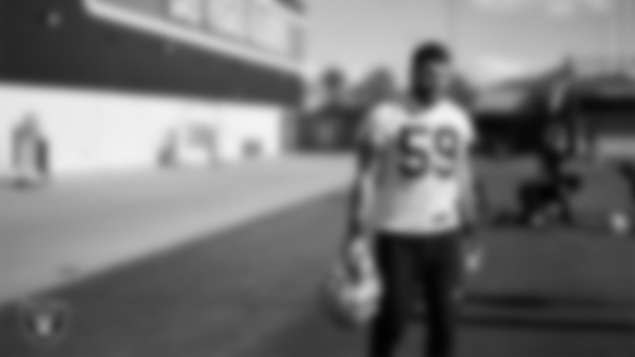 Las Vegas Raiders linebacker Jon Rhattigan (59) during practice at Intermountain Health Performance Center.