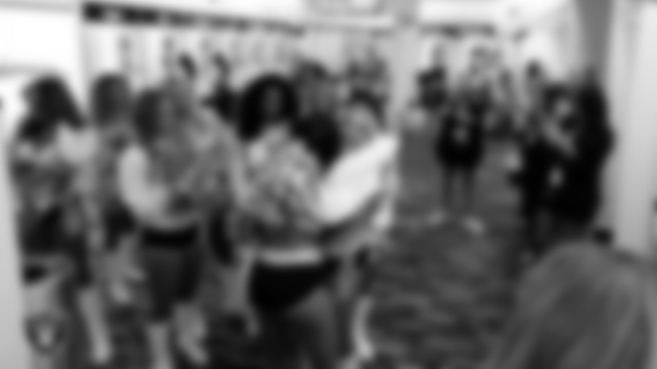 Raiderettes Cheyanne and Devyn in the locker room before the regular season home game against the Los Angeles Chargers at Allegiant Stadium.