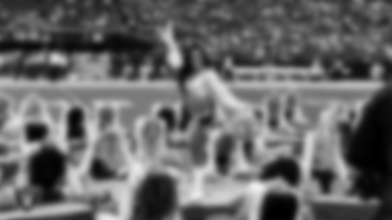 Raiderette Amanda performs on the field before the regular season home game against the Denver Broncos at Allegiant Stadium.