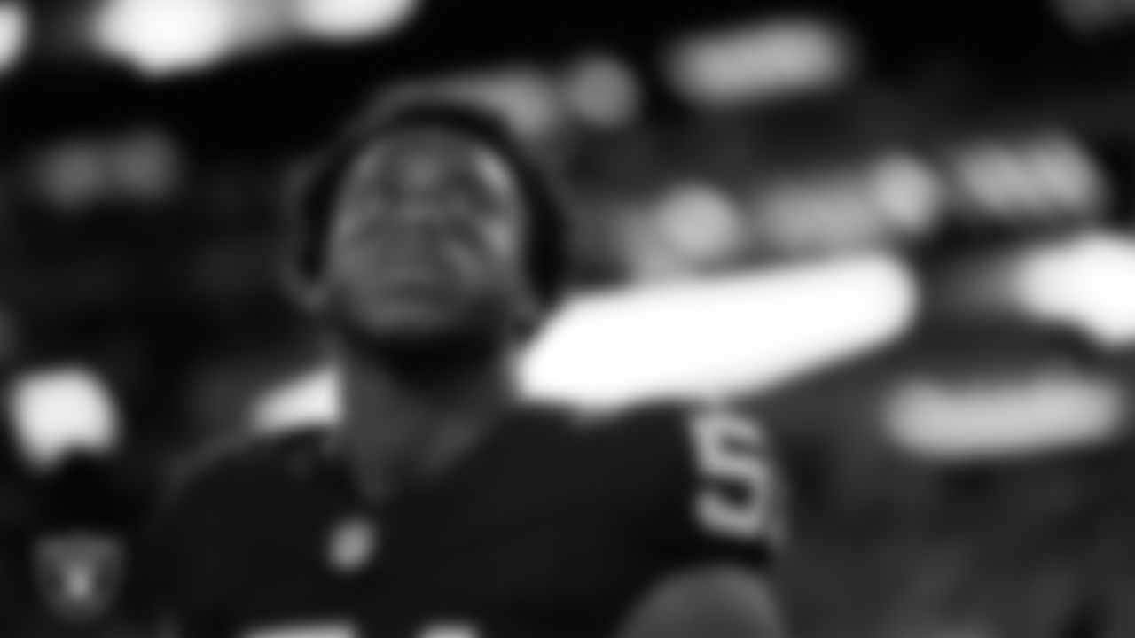 Las Vegas Raiders defensive end Malcolm Koonce (51) during the national anthem before the regular season home game against the Dallas Cowboys at Allegiant Stadium.