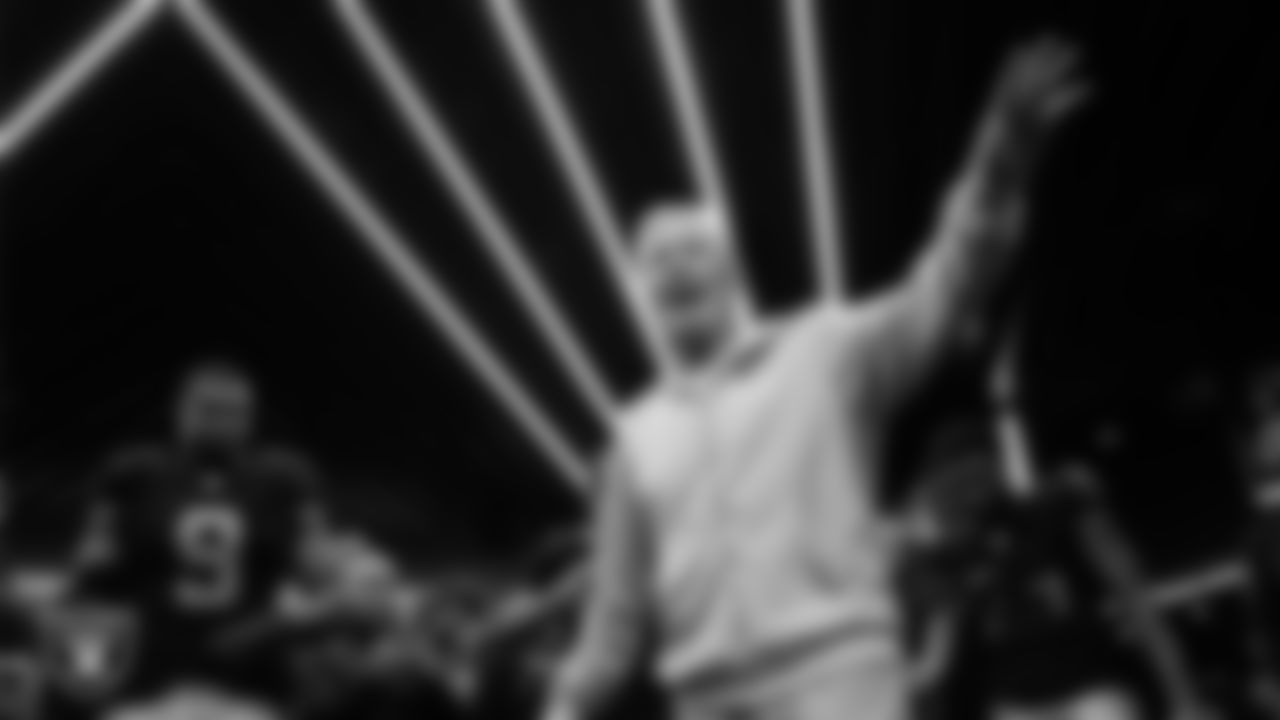 Las Vegas Raiders Head Coach Pete Carroll addresses his players in the locker room after the regular season home game against the Kansas City Chiefs at Allegiant Stadium.