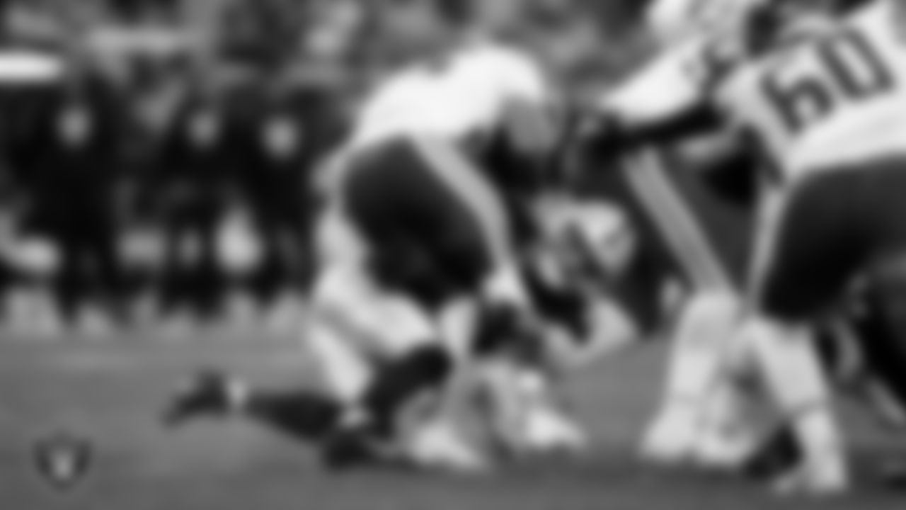 Las Vegas Raiders linebacker Tommy Eichenberg (44) makes a tackle during the regular season home game against the Kansas City Chiefs at Allegiant Stadium.
