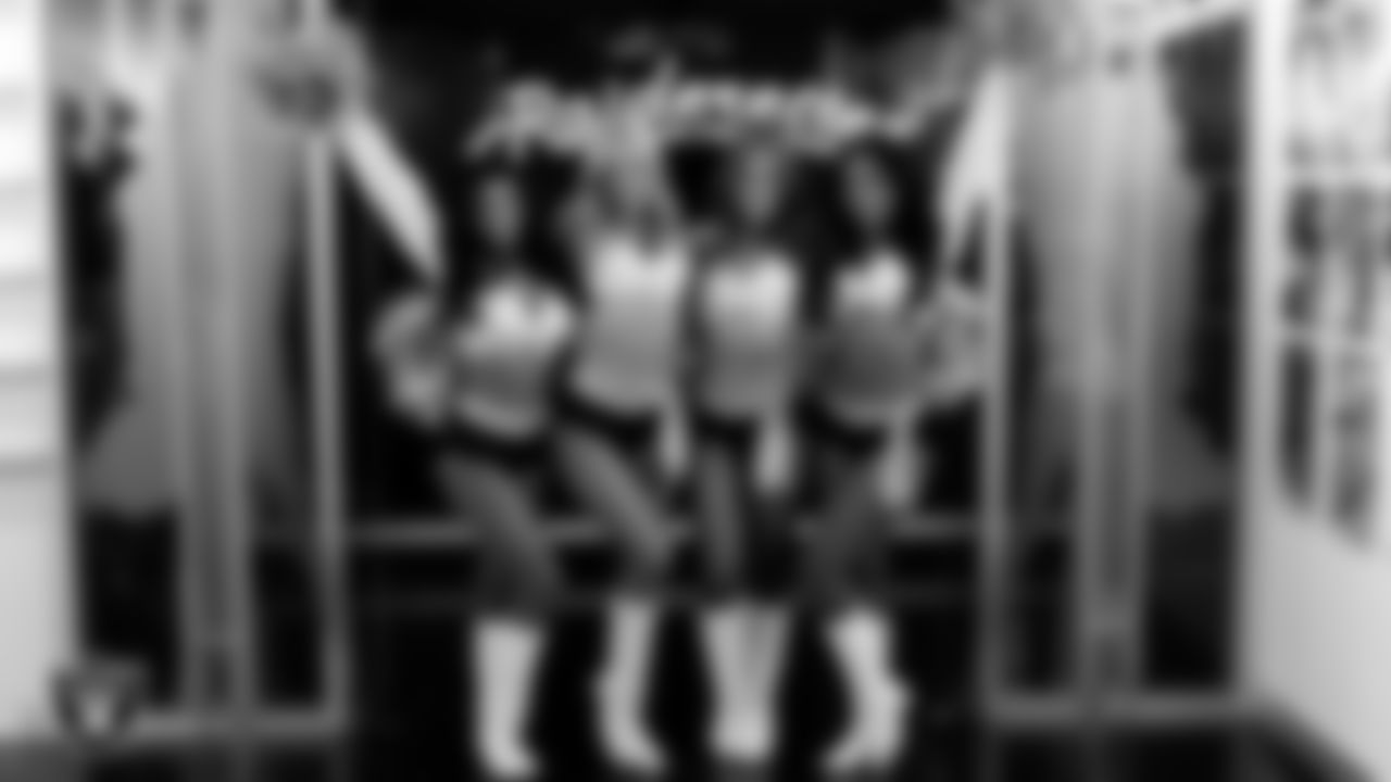 Raiderettes Kylee, Kennedy, Madisyn and Cierra in the locker room before the regular season home game against the Tennessee Titans at Allegiant Stadium.