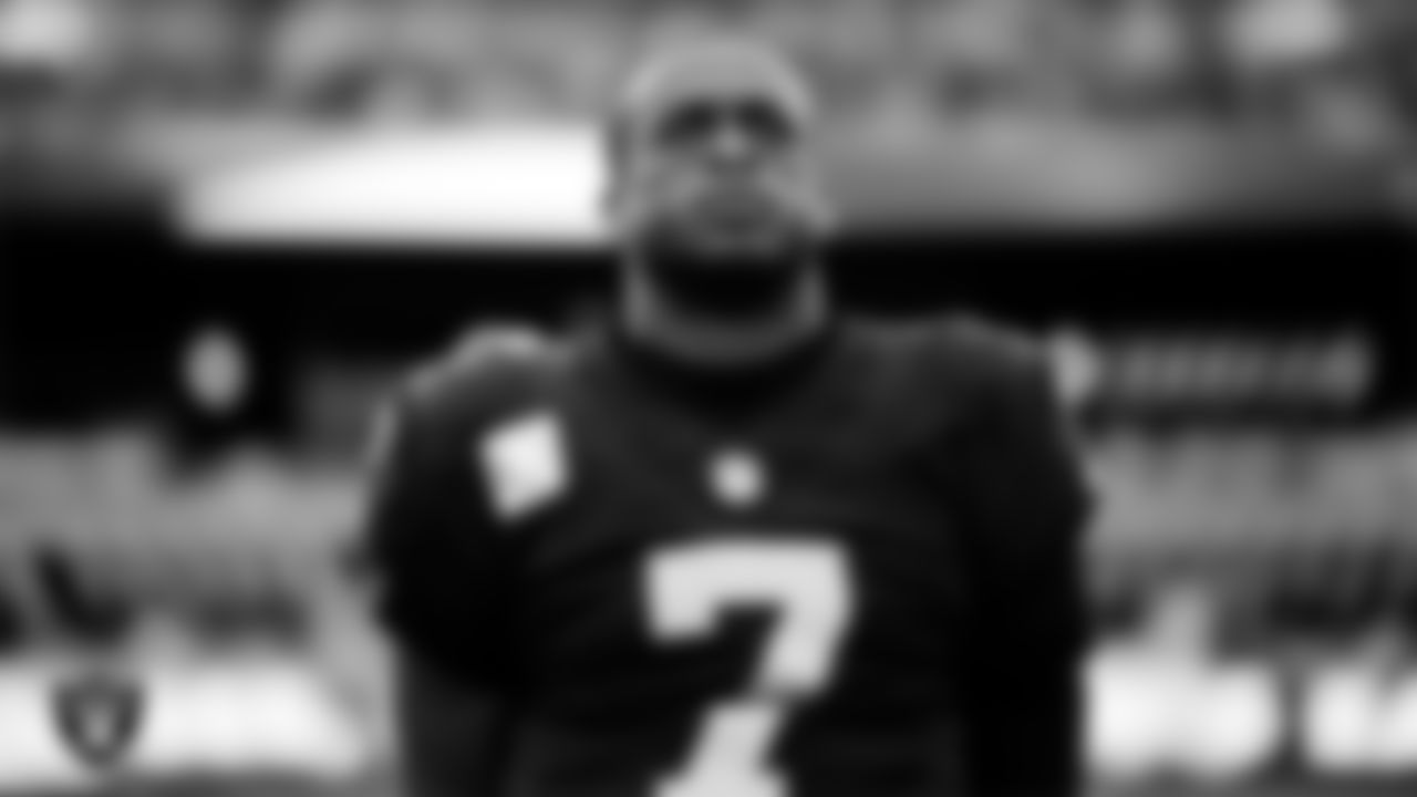 Las Vegas Raiders quarterback Geno Smith (7) during the national anthem before the regular season home game against the Tennessee Titans at Allegiant Stadium.