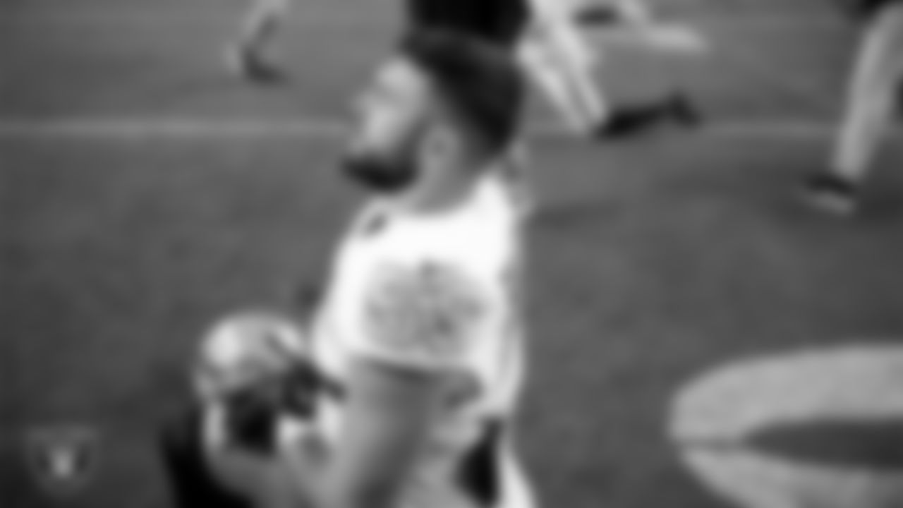 Las Vegas Raiders linebacker Jon Rhattigan (59) warming up before the regular season away game against the Denver Broncos at Empower Field at Mile High.