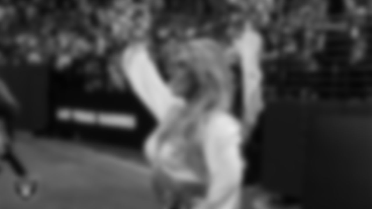 Raiderette Isabella on the sidelines during the regular season home game against the Los Angeles Chargers at Allegiant Stadium.