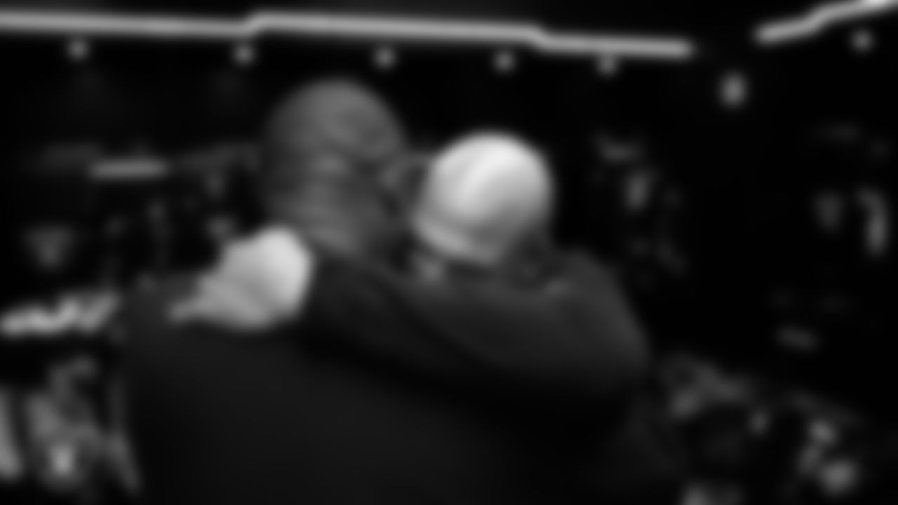 Las Vegas Raiders defensive coordinator Patrick Graham and Interim Head Coach Antonio Pierce in the locker room after the regular season home game against the New York Giants at Allegiant Stadium.