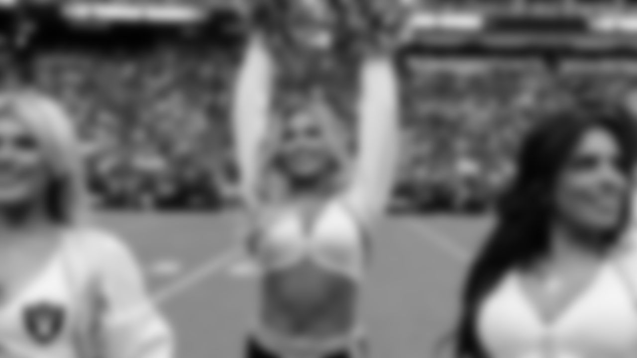 Raiderette Devyn on the sidelines during the preseason home game against the San Francisco 49ers at Allegiant Stadium.
