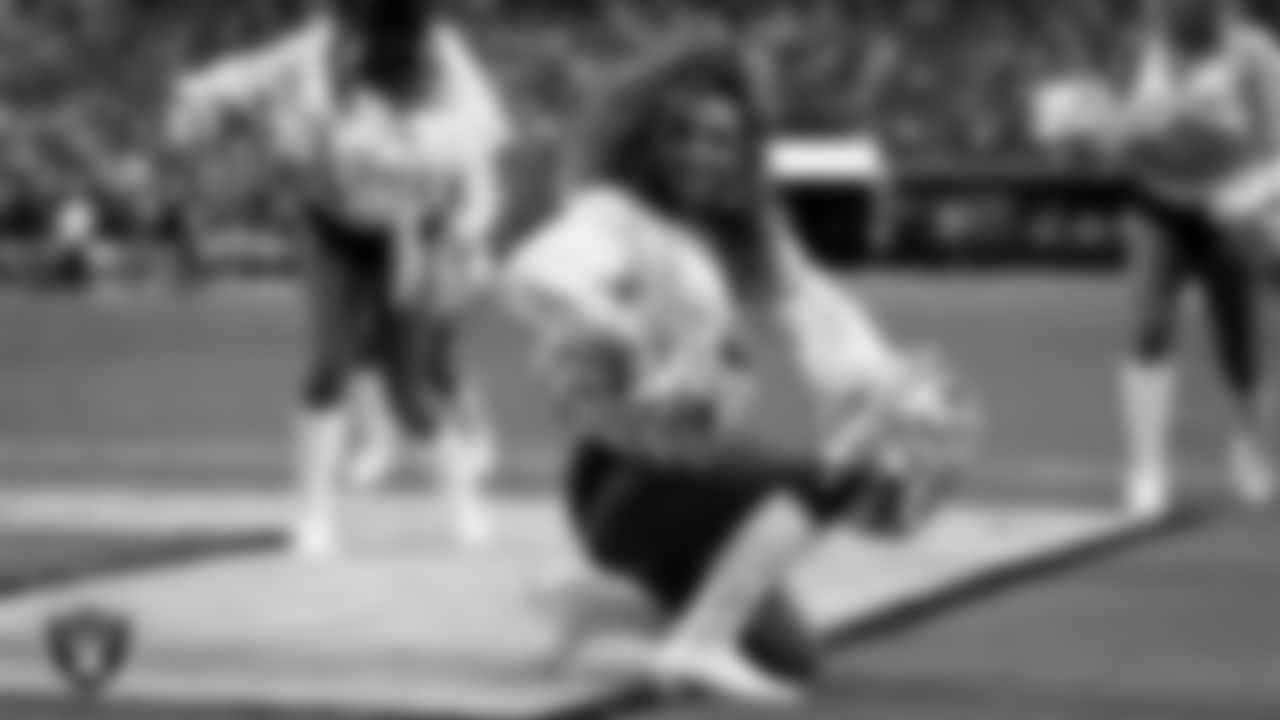 Raiderette Lexie performs on the field during the preseason home game against the San Francisco 49ers at Allegiant Stadium.