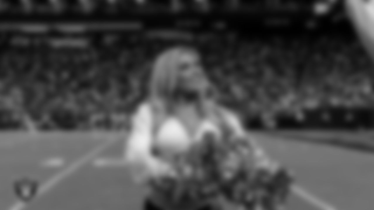 Raiderette Devyn on the sidelines during the regular season home game against the Dallas Cowboys at Allegiant Stadium.