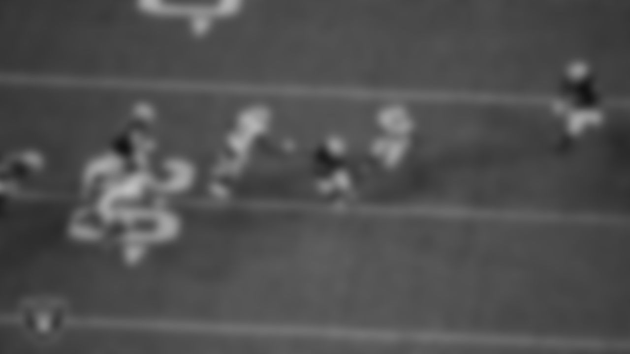 Las Vegas Raiders running back Raheem Mostert (31) runs after making a catch during the regular season home game against the Dallas Cowboys at Allegiant Stadium.