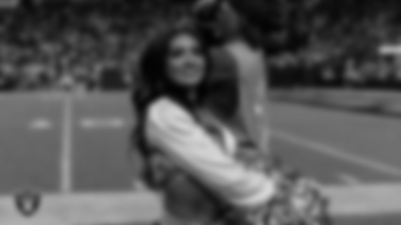 Raiderette Sloane on the sidelines during the regular season home game against the Dallas Cowboys at Allegiant Stadium.