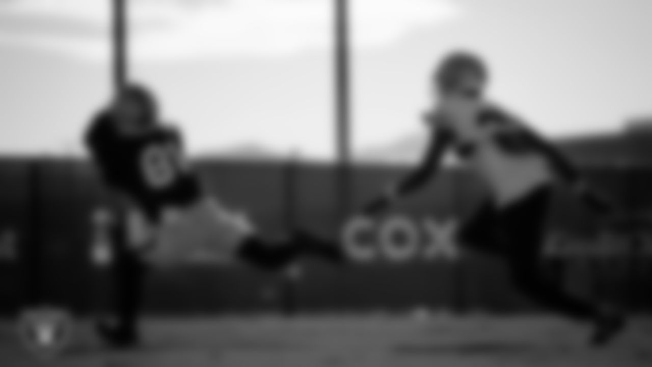 Las Vegas Raiders wide receiver Alex Bachman (81) and cornerback Kyu Blu Kelly (36) during practice at Intermountain Health Performance Center.