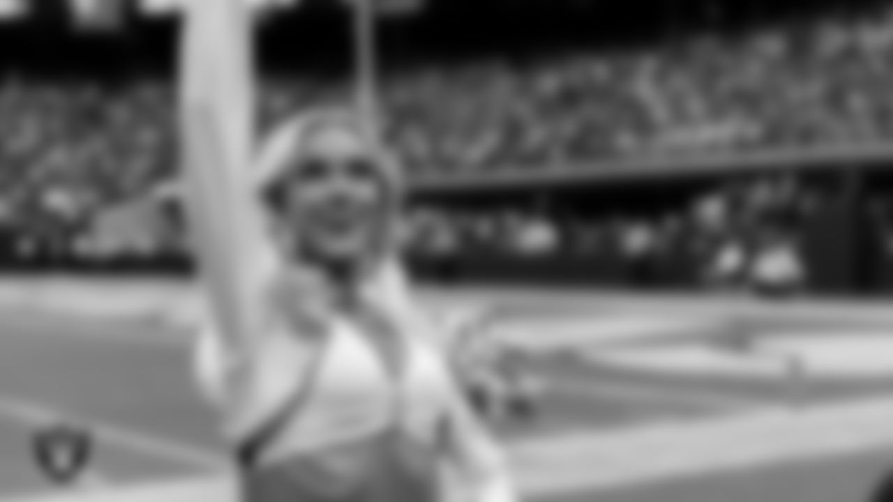 Raiderette Kennedy on the sidelines during the preseason home game against the San Francisco 49ers at Allegiant Stadium.