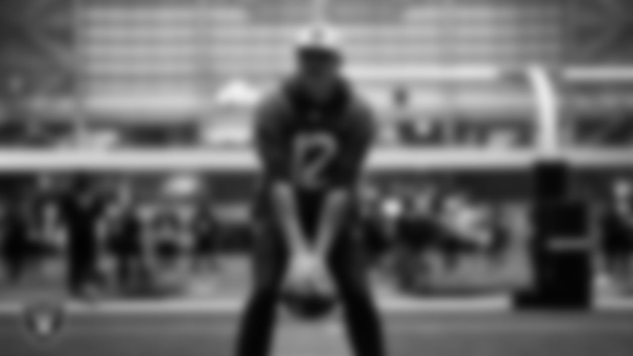 Las Vegas Raiders quarterback Aidan O'Connell (12) during practice at Intermountain Health Performance Center.