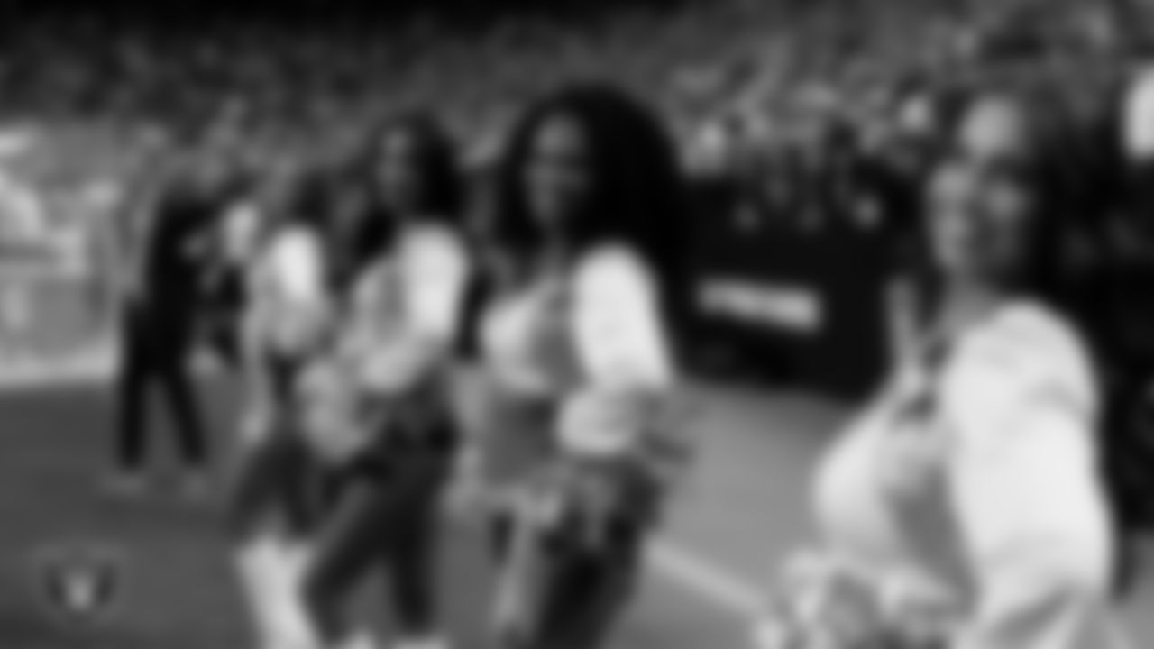 Raiderette Shayla on the sidelines during the regular season home game against the Jacksonville Jaguars at Allegiant Stadium.