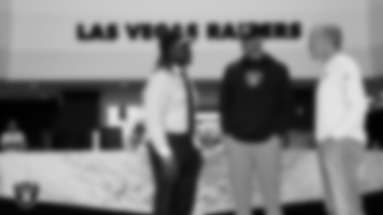 Las Vegas Raiders first-round draft pick running back Ashton Jeanty with General Manager John Spytek and Head Coach Pete Carroll as he arrives to Intermountain Health Performance Center following his selection in the 2025 NFL Draft.